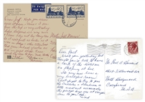 Moe Howard Autograph Postcards Signed Dad & Momee to His Son & Grandson Respectively -- Both From Europe Sent in the 1950s to His Son and 1960s to Grandson -- Very Good Condition